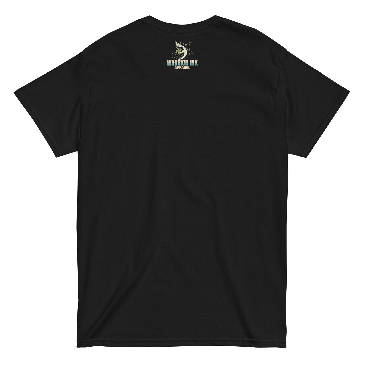 Black t-shirt with 'From The River To The Sea' text in distressed blue and beige gradient, featuring a shark biting into a soldier. Warrior Ink logo on upper back.
