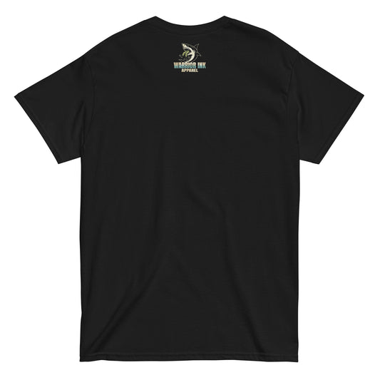 Black t-shirt with 'From The River To The Sea' text in distressed blue and beige gradient, featuring a shark biting into a soldier. Warrior Ink logo on upper back.