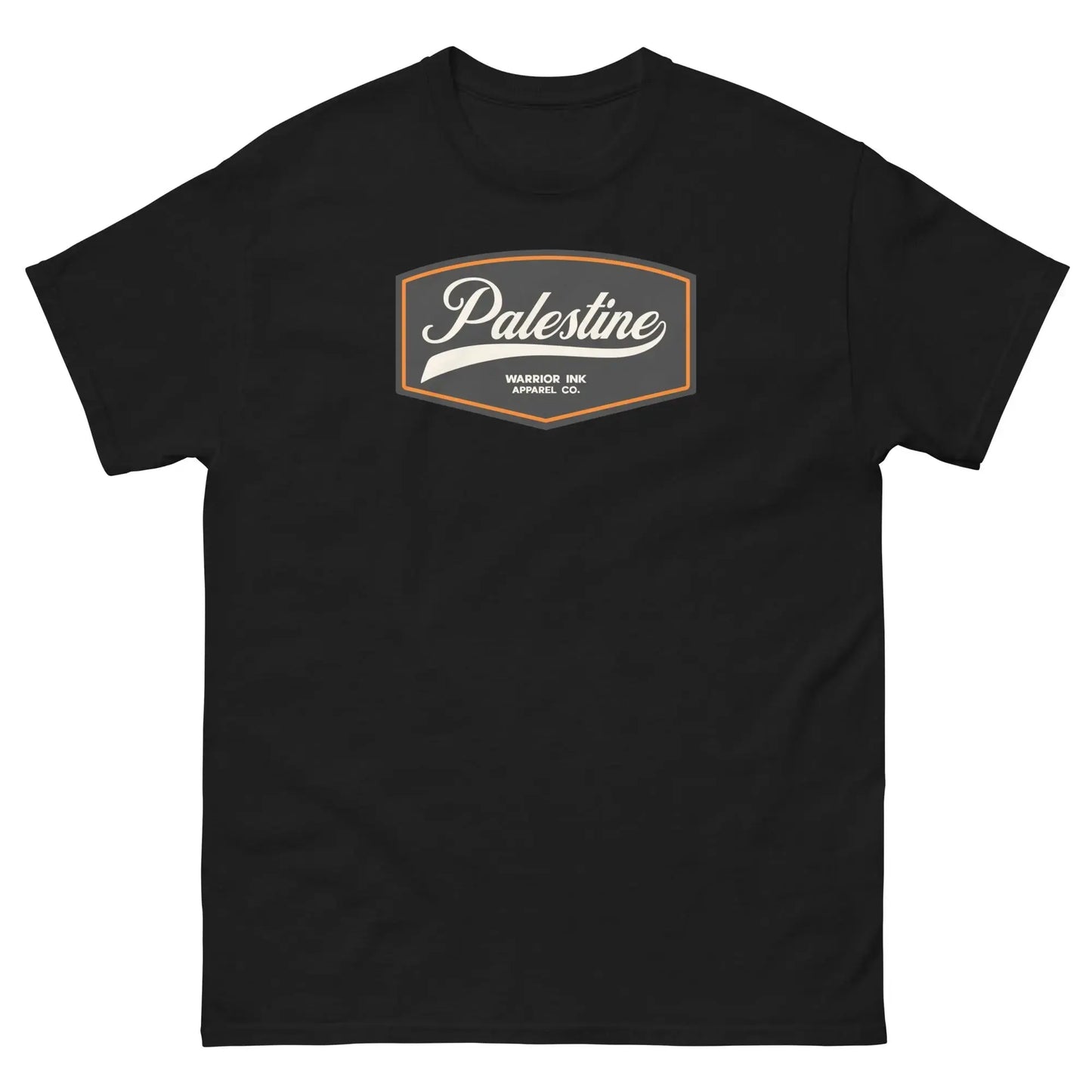 Black unisex t-shirt featuring a vintage-inspired Palestine emblem on the front, blending heritage and identity with a modern streetwear aesthetic.