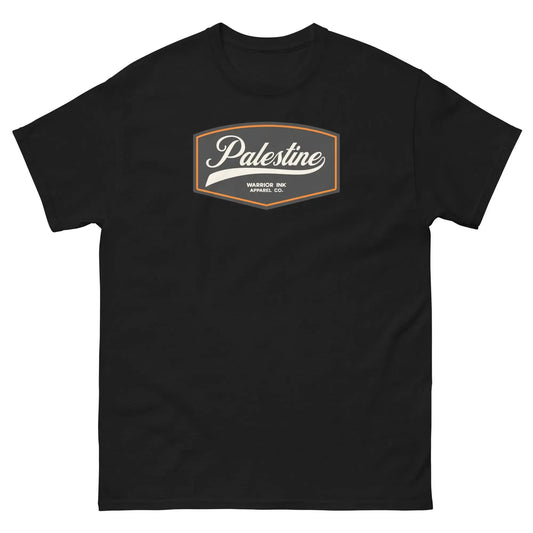 Black unisex t-shirt featuring a vintage-inspired Palestine emblem on the front, blending heritage and identity with a modern streetwear aesthetic.