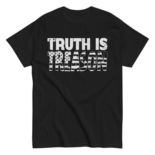 Black t-shirt with 'TRUTH IS TREASON' printed in bold distressed white lettering over a faded American flag; Warrior Ink logo on upper back.