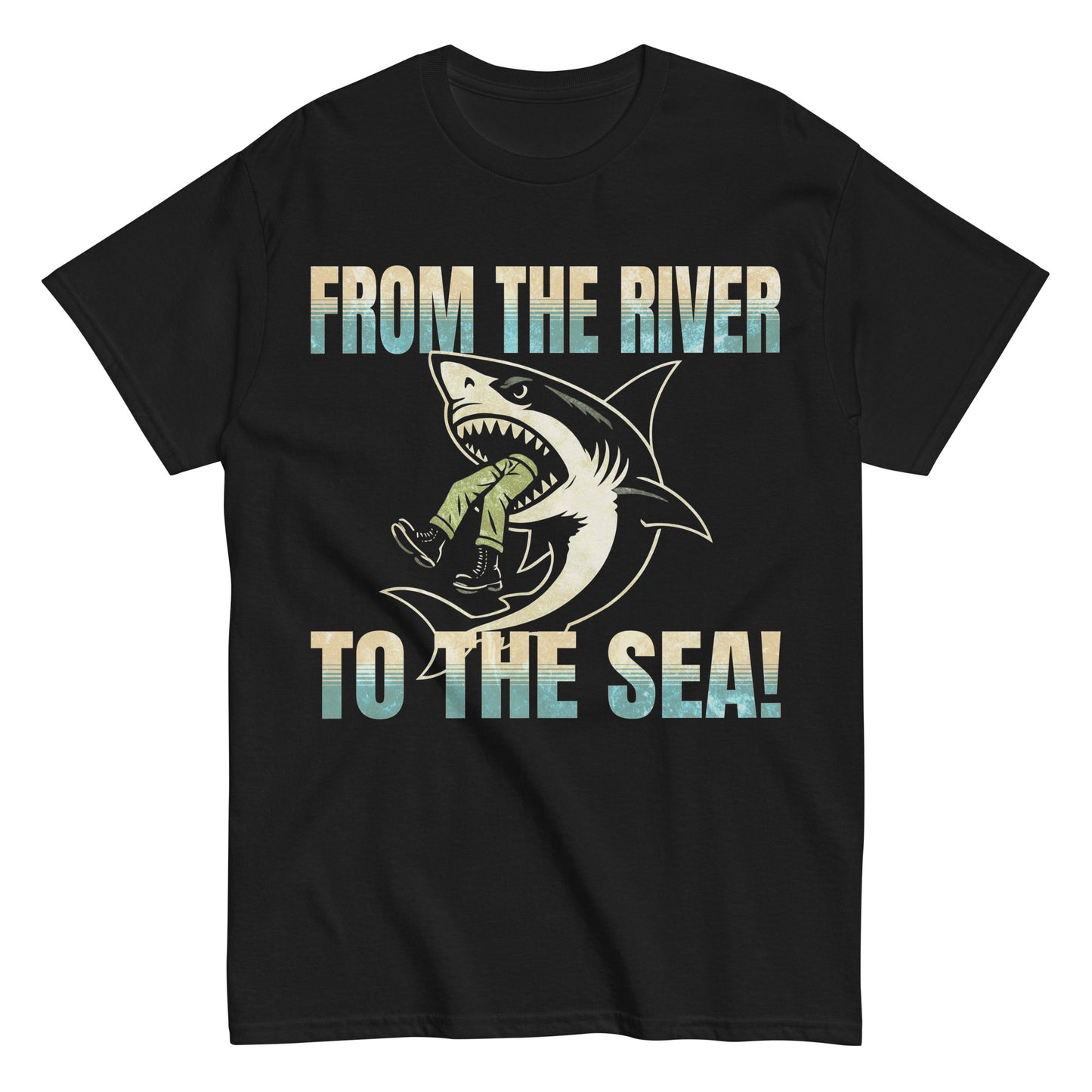 Black t-shirt with 'From The River To The Sea' text in distressed blue and beige gradient, featuring a shark biting into a soldier. Warrior Ink logo on upper back.