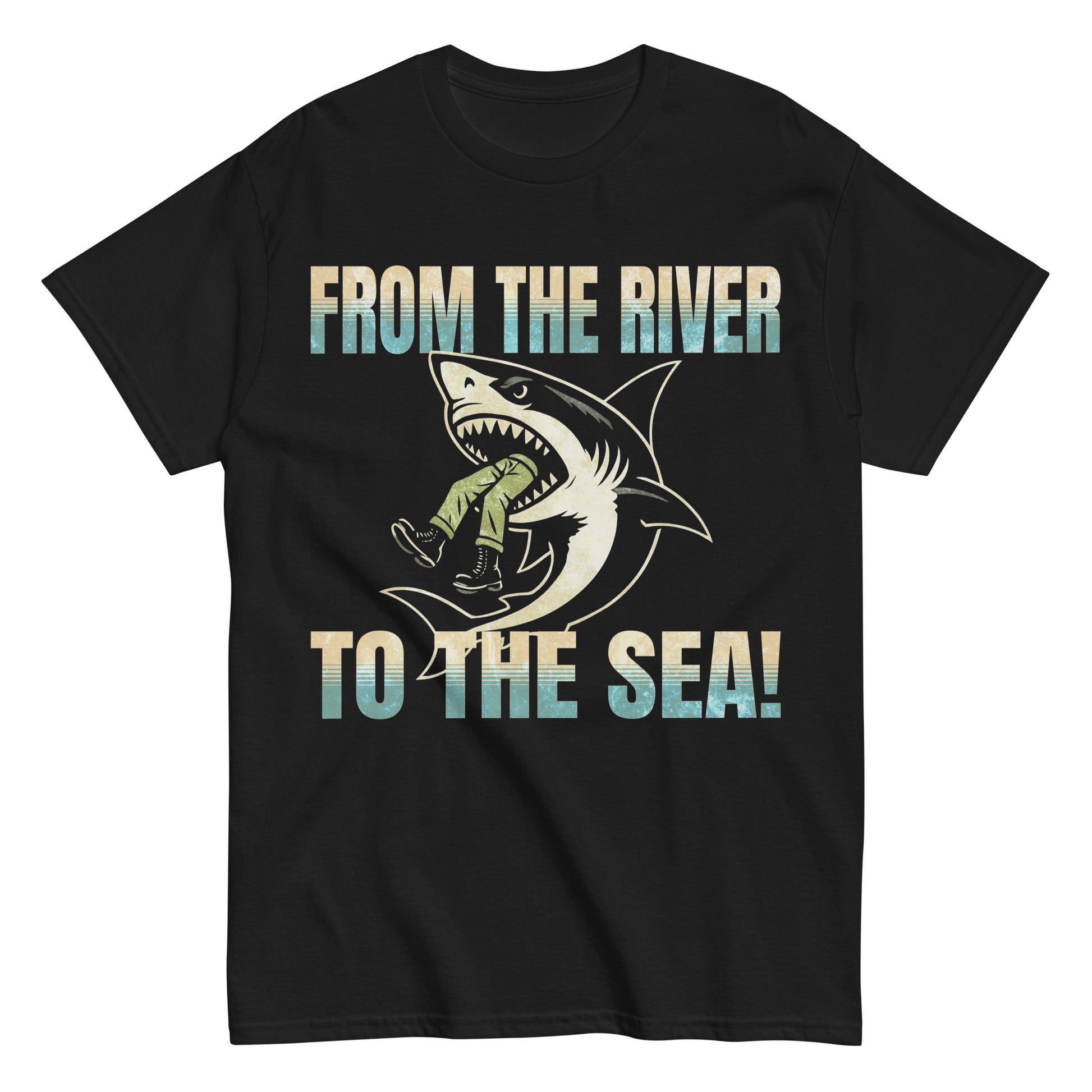 Black t-shirt with 'From The River To The Sea' text in distressed blue and beige gradient, featuring a shark biting into a soldier. Warrior Ink logo on upper back.