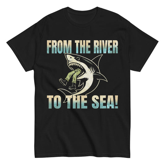 Black t-shirt with 'From The River To The Sea' text in distressed blue and beige gradient, featuring a shark biting into a soldier. Warrior Ink logo on upper back.