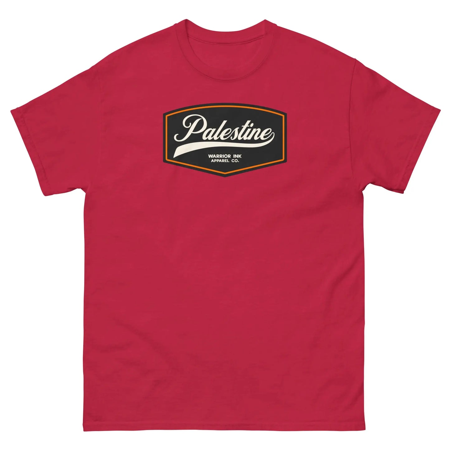 Cardinal red unisex t-shirt featuring a vintage-inspired Palestine emblem on the front, combining cultural pride with a striking, deep red hue.