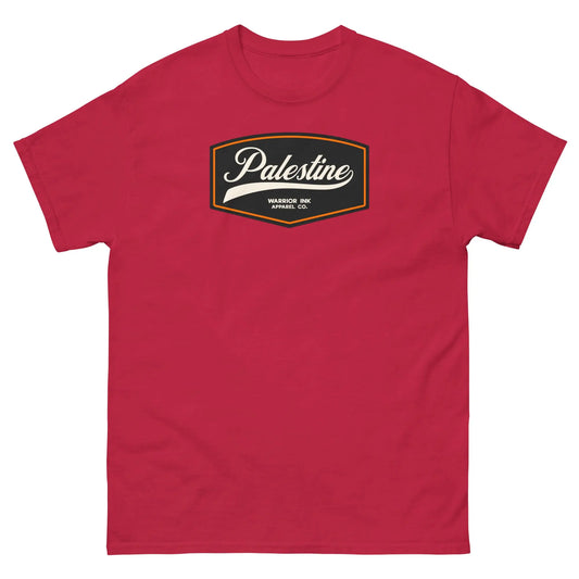 Cardinal red unisex t-shirt featuring a vintage-inspired Palestine emblem on the front, combining cultural pride with a striking, deep red hue.