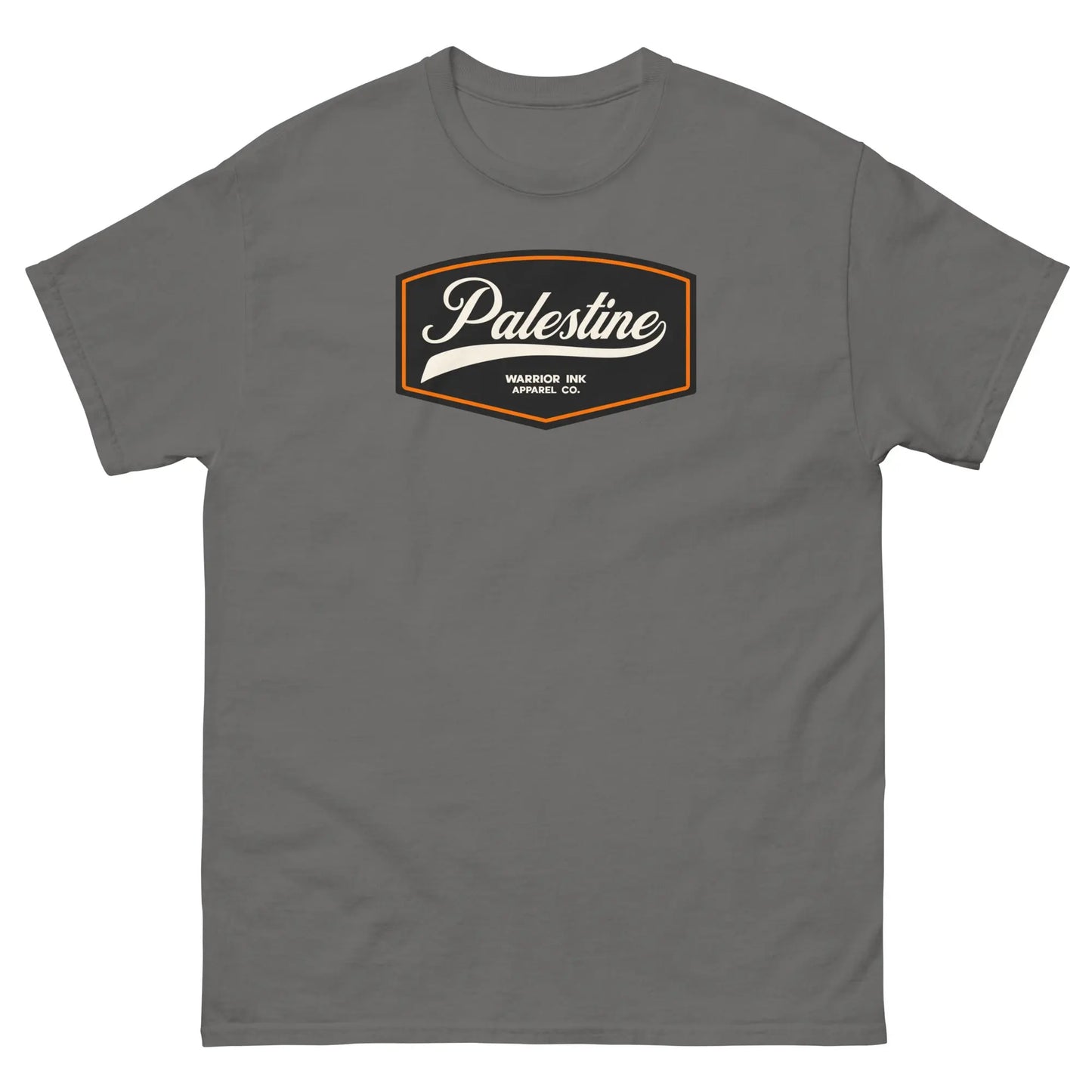 Charcoal grey unisex t-shirt with a vintage-inspired Palestine emblem on the front, providing a sleek, muted tone for versatile styling.