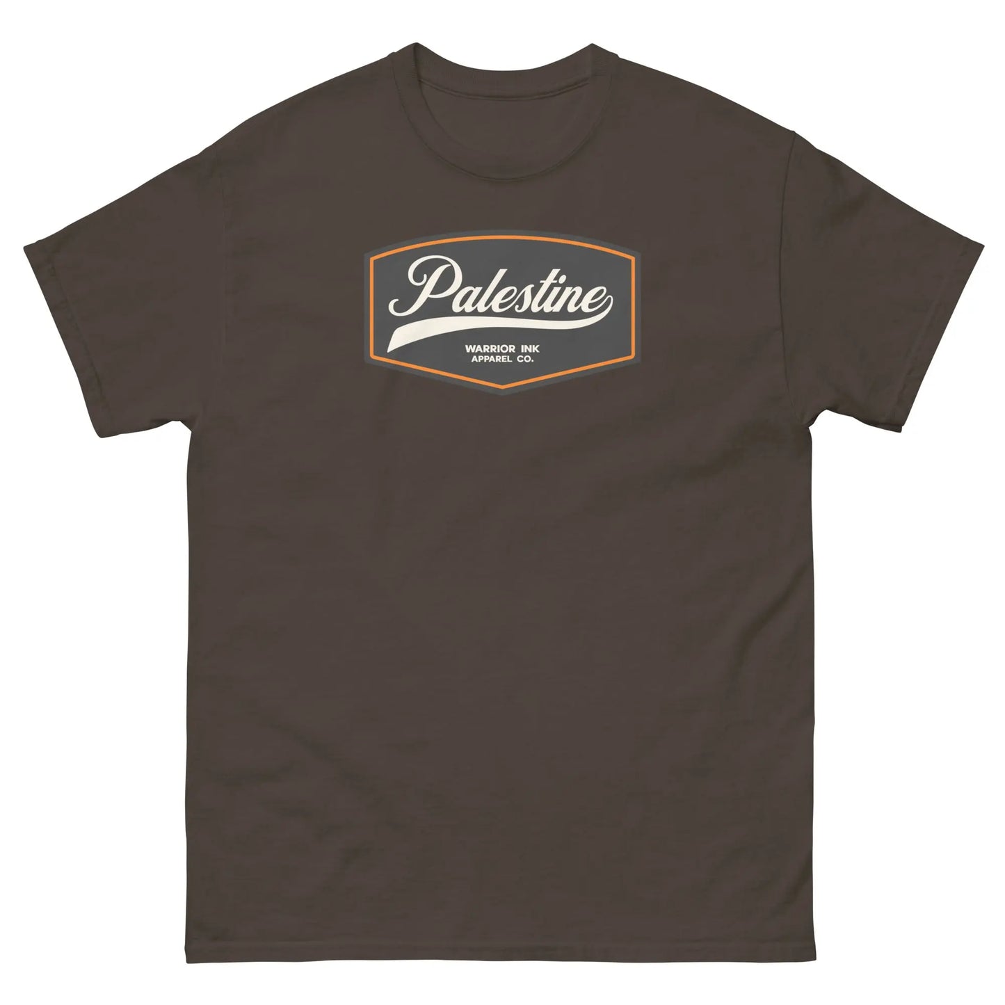 Dark chocolate brown unisex t-shirt with a vintage-inspired Palestine emblem on the front, offering a rich, earthy tone for a bold statement.