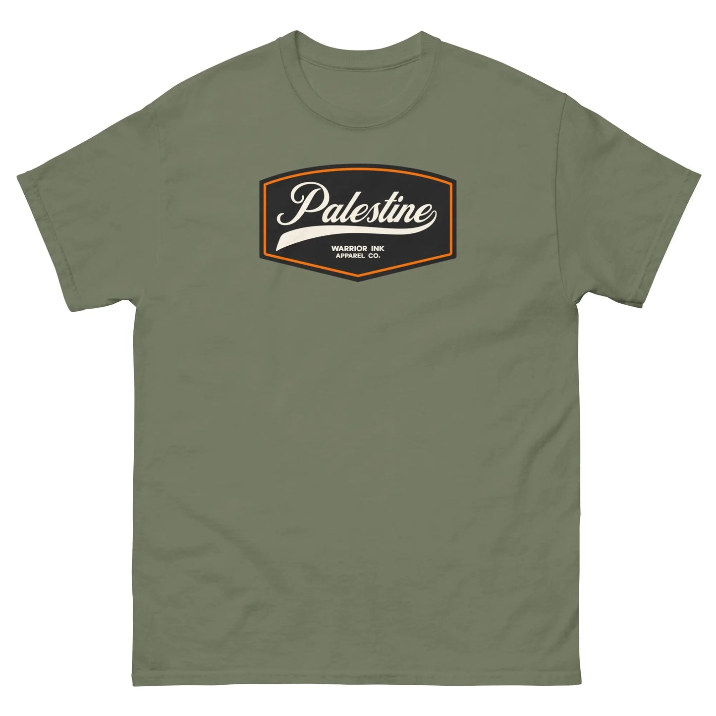 Military green unisex t-shirt featuring a vintage-inspired Palestine emblem on the front, symbolizing strength and resilience in a rugged, earthy shade.