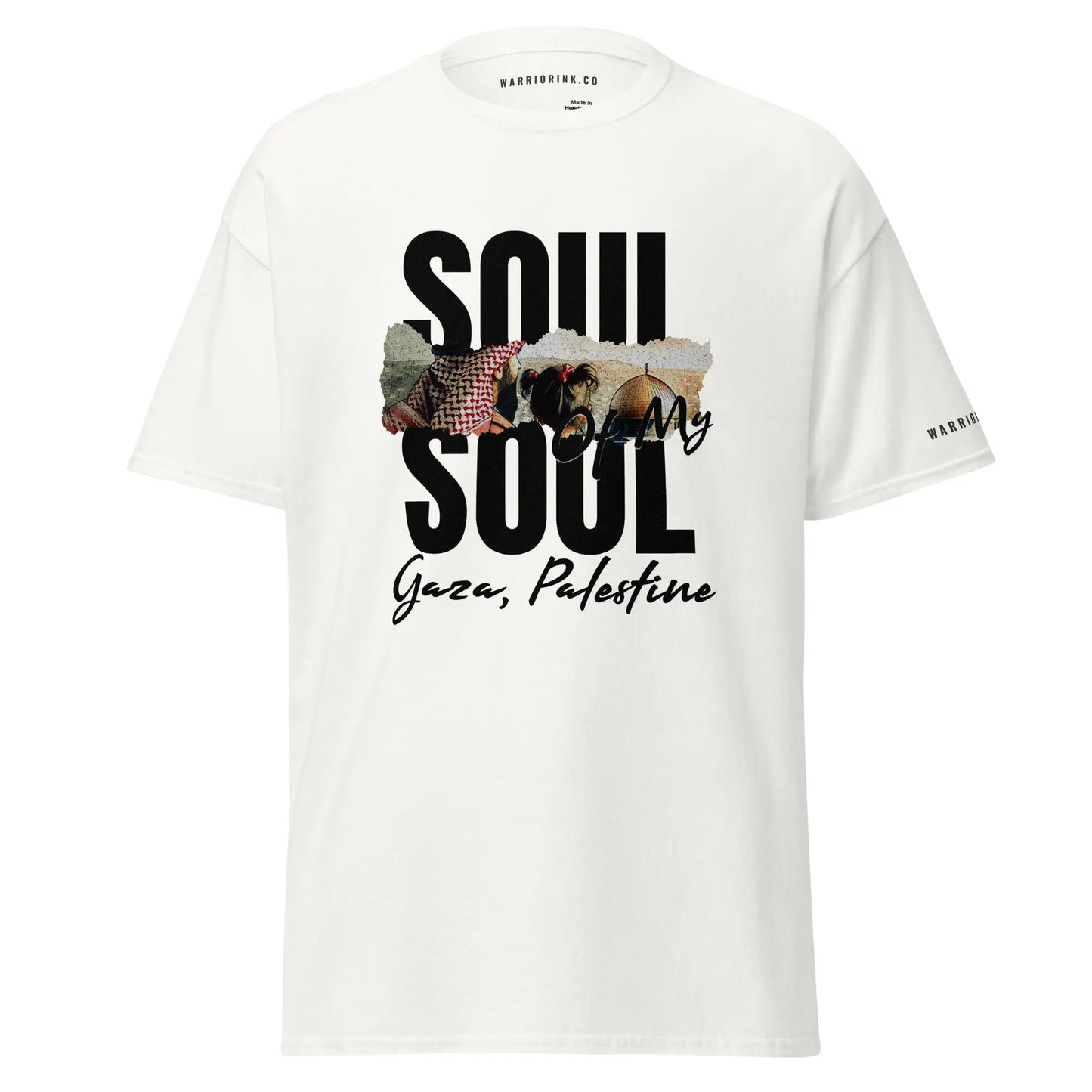 Soul Of My Soul Gaza tribute tee – White cotton t-shirt featuring a bold, collage-style design honoring Khaled Nabhan & Palestinian resilience.