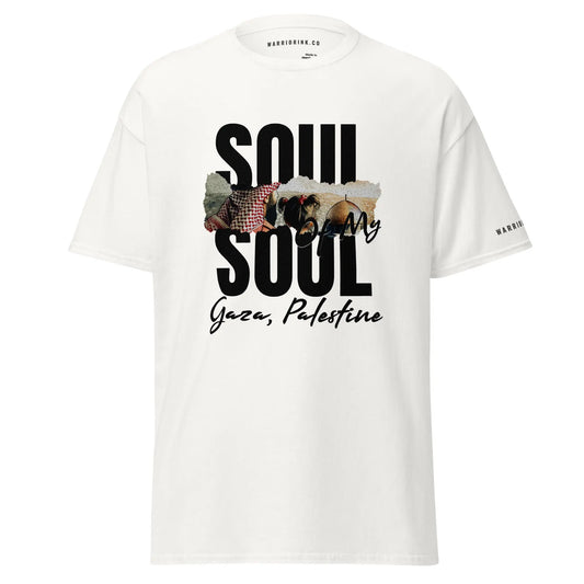 Soul Of My Soul Gaza tribute tee – White cotton t-shirt featuring a bold, collage-style design honoring Khaled Nabhan & Palestinian resilience.