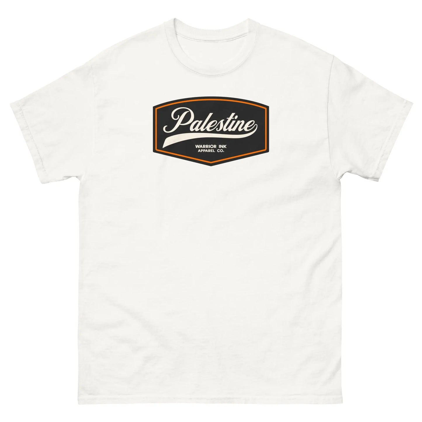 White unisex t-shirt with a vintage-inspired Palestine emblem on the front, creating a crisp, clean look that highlights the emblem’s bold design.