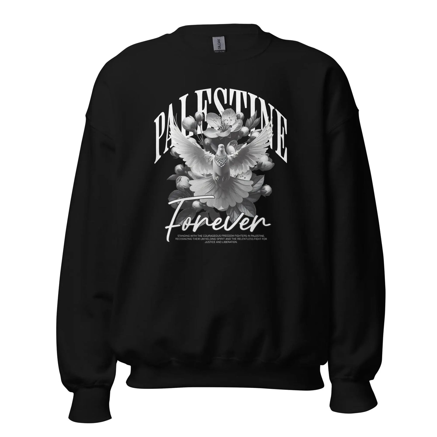 Palestine Forever Sweatshirt – black crewneck with dove and floral design, symbolizing resilience and hope.