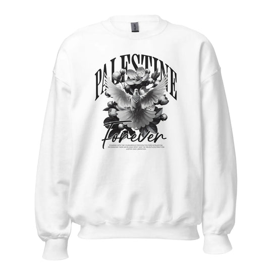 Palestinian solidarity sweatshirt featuring a bold 'Palestine Forever' print with a dove and flowers.