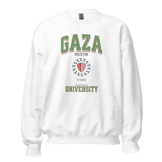 White crewneck sweatshirt with collegiate-style “GAZA UNIVERSITY” design, Arabic and English text, and a keffiyeh-wrapped shield graphic.
