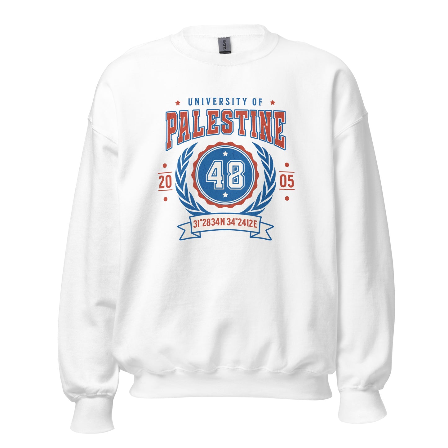 White sweatshirt with vintage collegiate design reading “University of Palestine,” red and blue graphics, number 48, and geographic coordinates in a bold varsity layout.