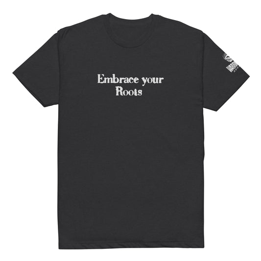 Front view of EMBRACE YOUR ROOTS Palestine graphic tee with text design