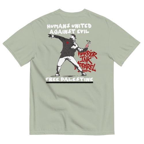 Free Palestine tee with Humans United Against Evil artwork on back and bottle graphic on front