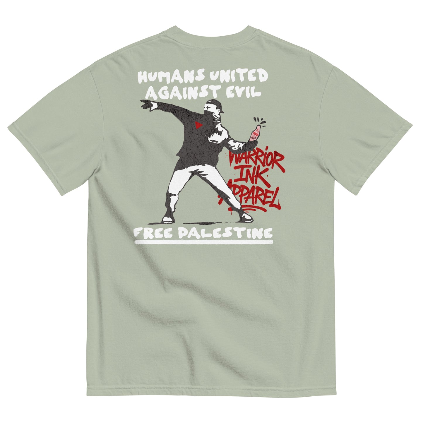 Free Palestine tee with Humans United Against Evil artwork on back and bottle graphic on front