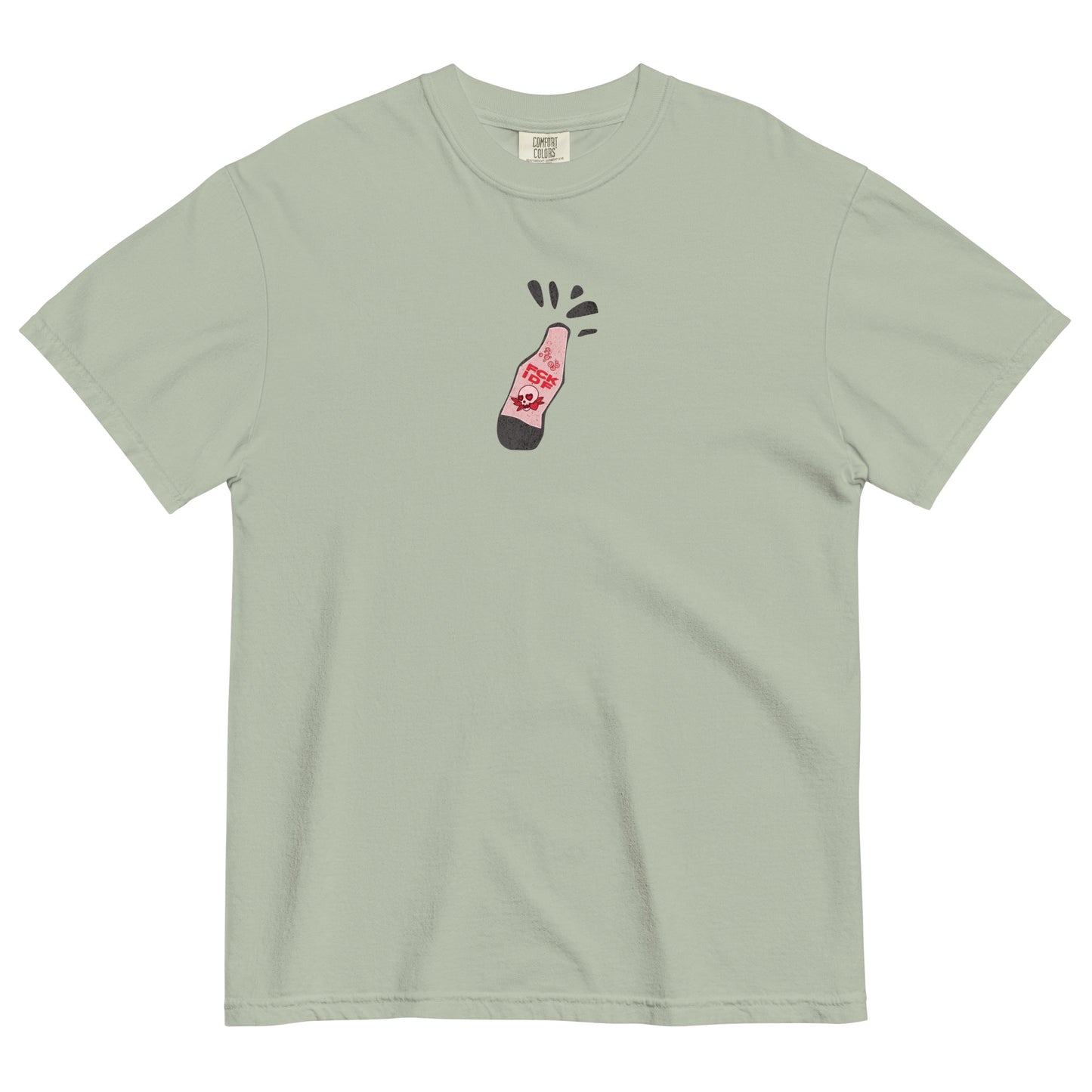 Free Palestine tee with Humans United Against Evil artwork on back and bottle graphic on front