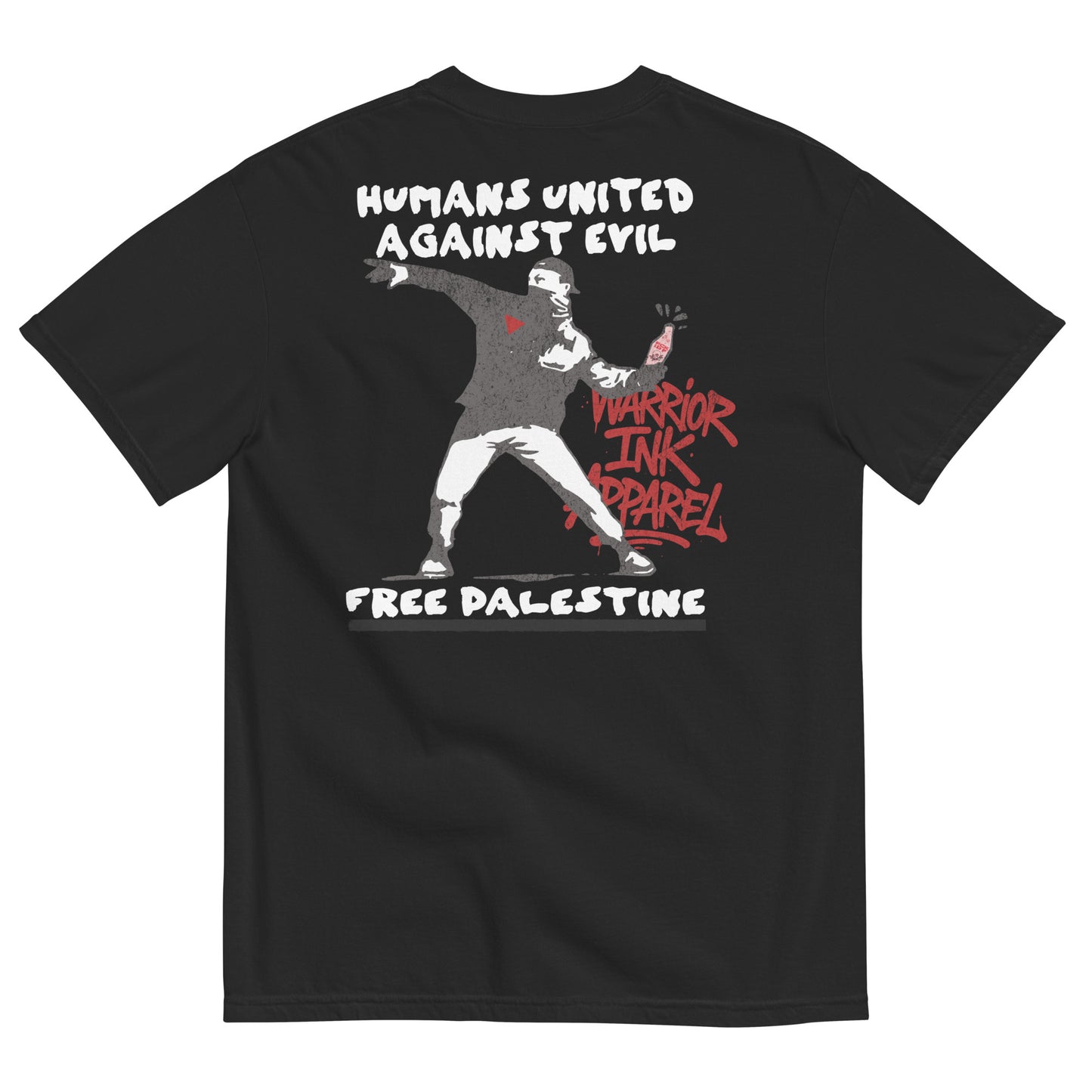 Free Palestine tee with Humans United Against Evil artwork on back and bottle graphic on front