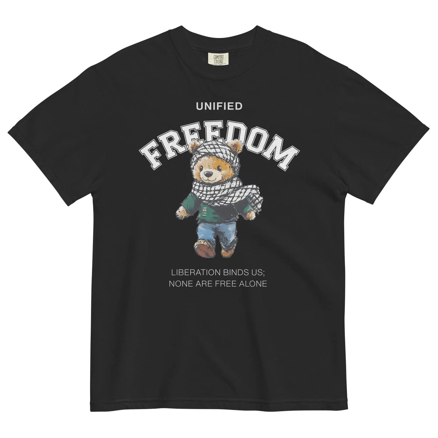 Freedom Bear T-Shirt – Black heavyweight tee featuring a teddy bear wearing a keffiyeh with bold 'FREEDOM' text and a unifying message below.