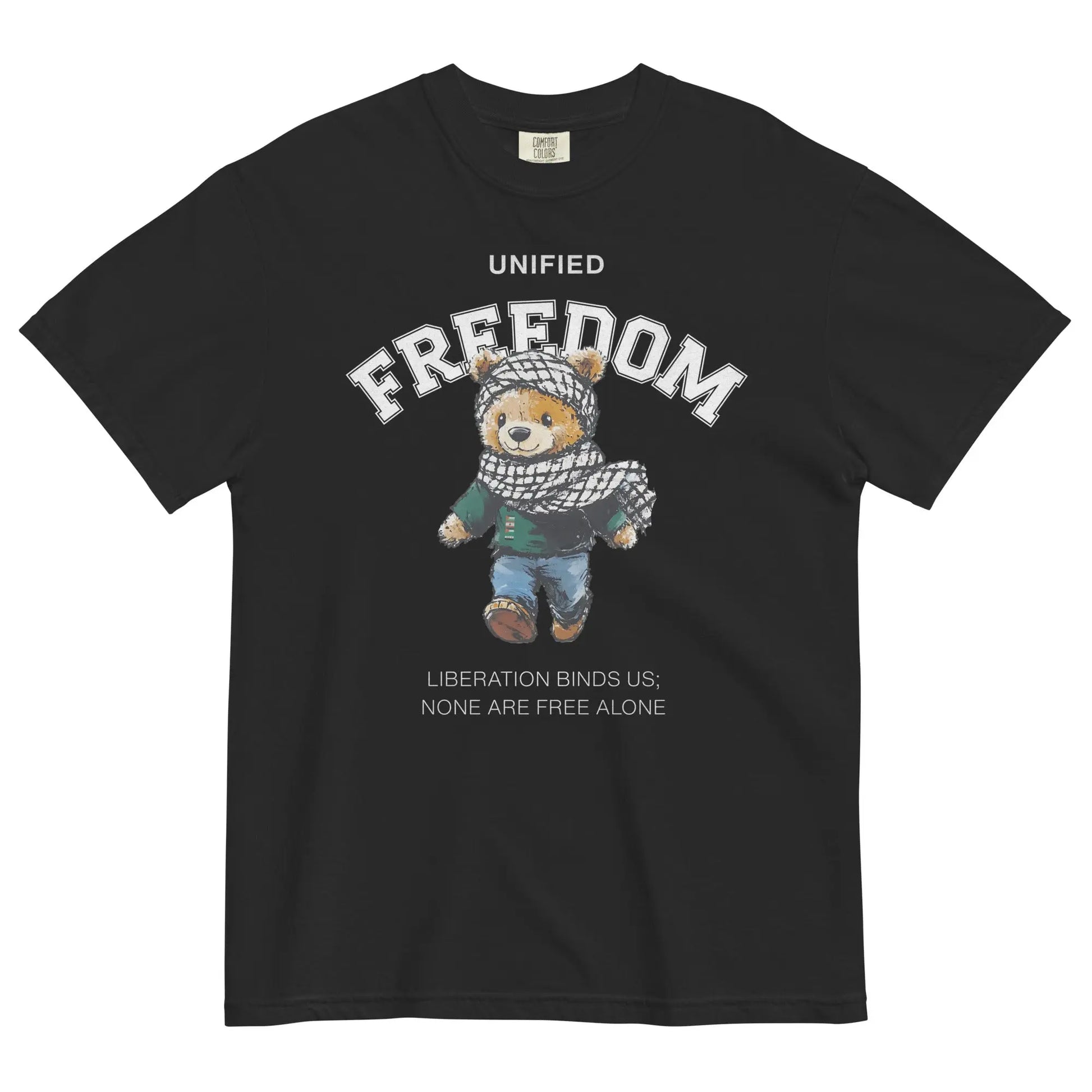 Freedom Bear T-Shirt – Black heavyweight tee featuring a teddy bear wearing a keffiyeh with bold 'FREEDOM' text and a unifying message below.