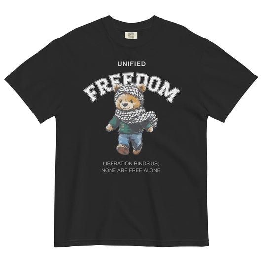 Freedom Bear T-Shirt – Black heavyweight tee featuring a teddy bear wearing a keffiyeh with bold 'FREEDOM' text and a unifying message below.