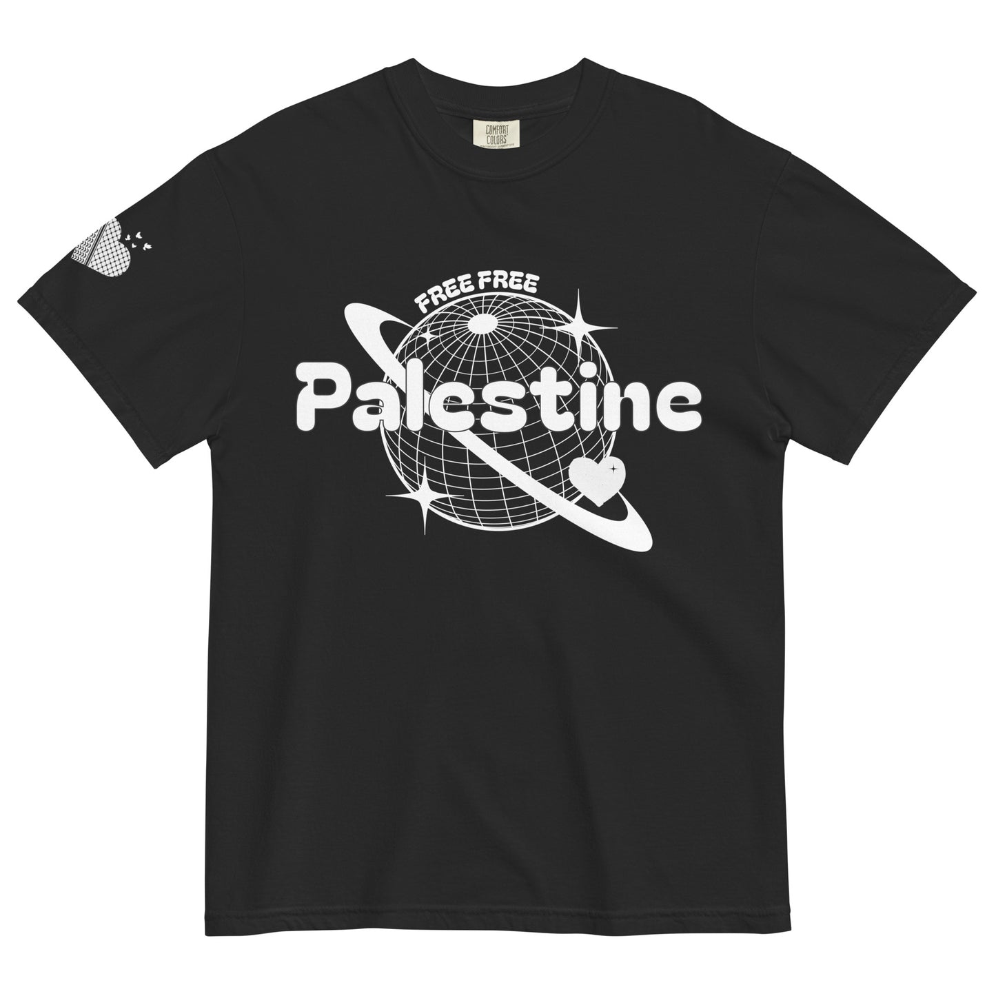 Free Palestine T-shirt with planet design on chest and keffiyeh heart on sleeve – Warrior Ink Apparel
