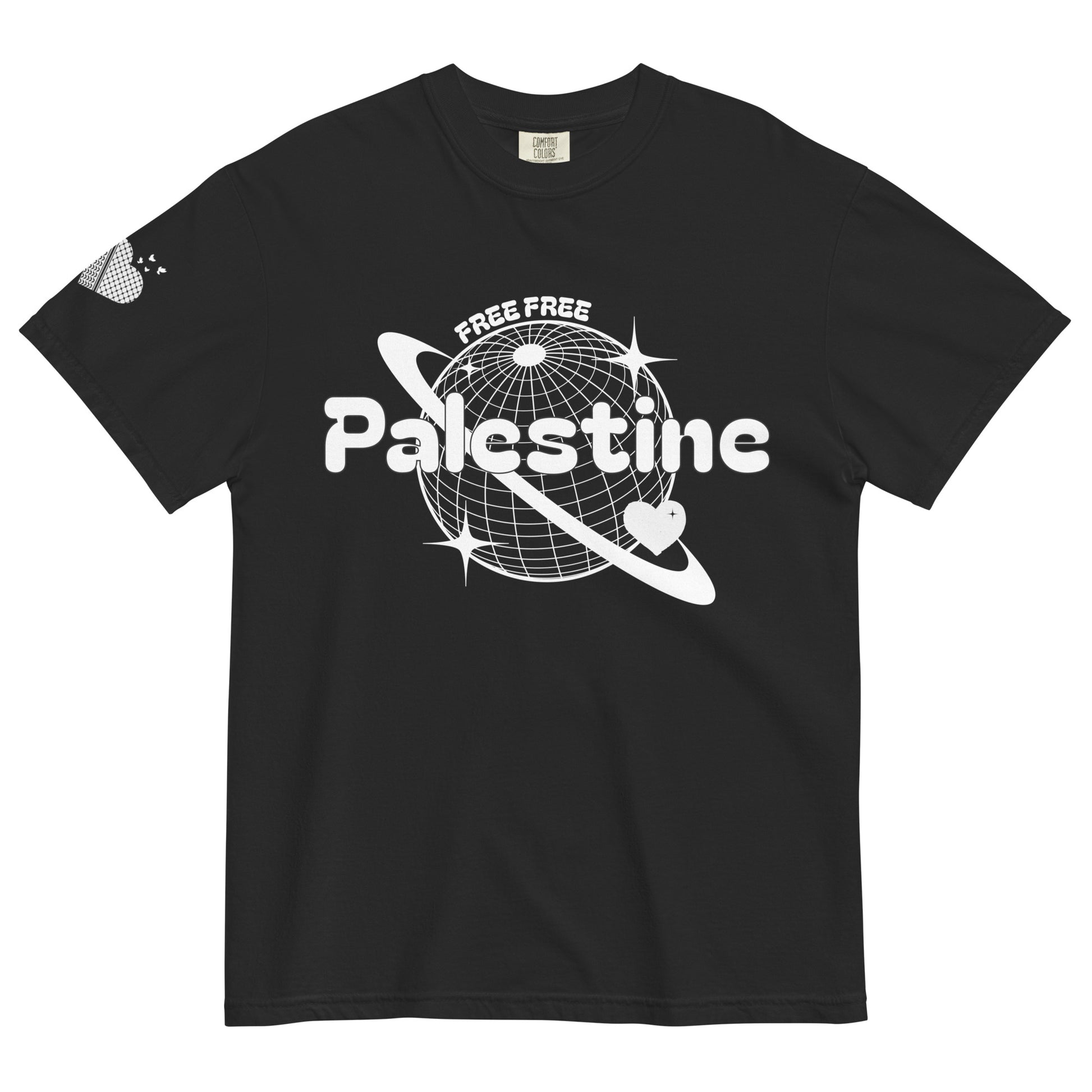 Free Palestine T-shirt with planet design on chest and keffiyeh heart on sleeve – Warrior Ink Apparel