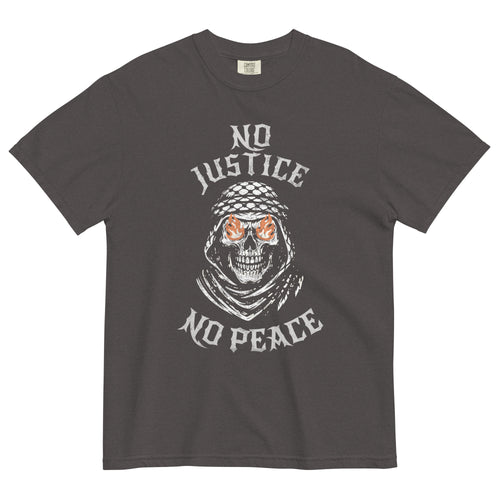 No Justice No Peace heavyweight tee with skull keffiyeh design and activist streetwear message