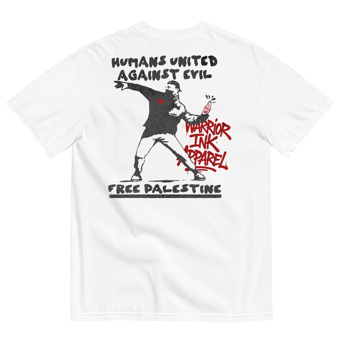 Free Palestine tee with Humans United Against Evil artwork on back and bottle graphic on front