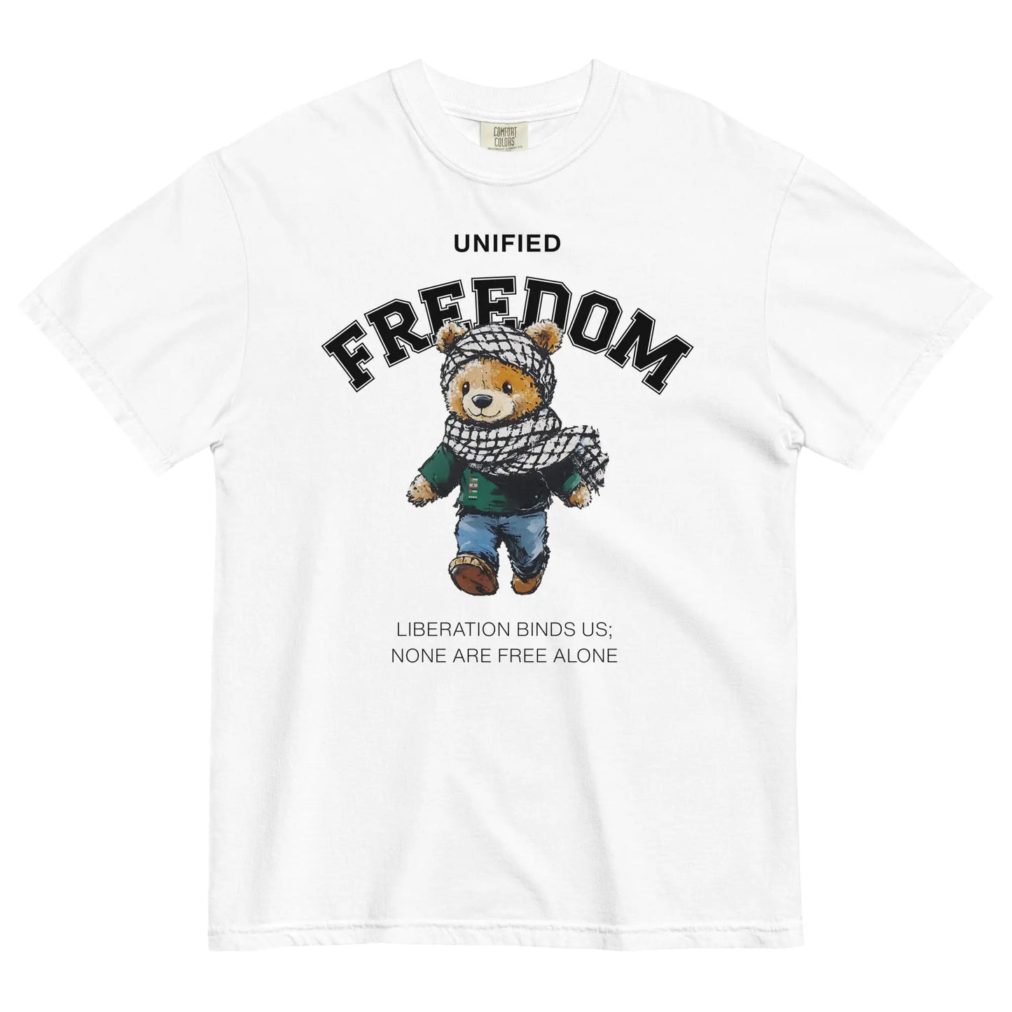 Freedom Bear T-Shirt – Black heavyweight tee featuring a teddy bear wearing a keffiyeh with bold 'FREEDOM' text and a unifying message below.
