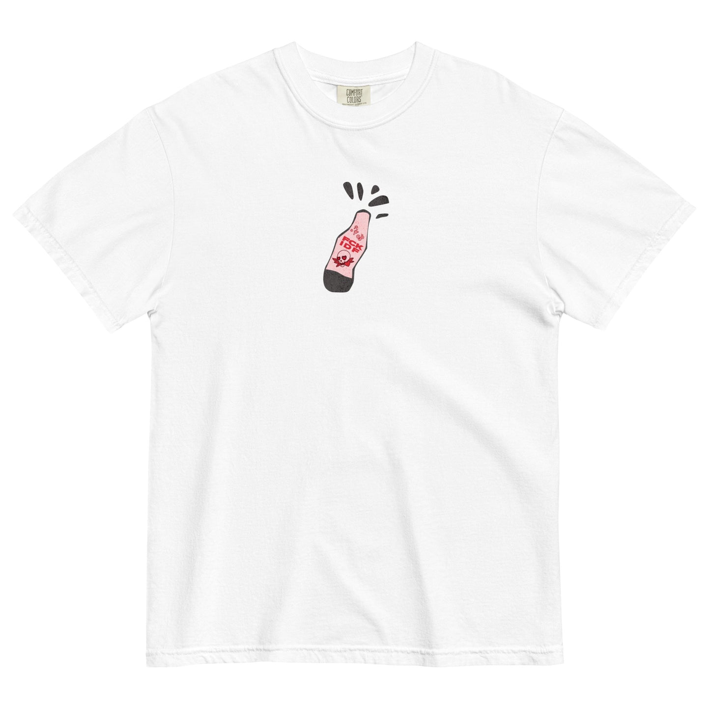 Free Palestine tee with Humans United Against Evil artwork on back and bottle graphic on front