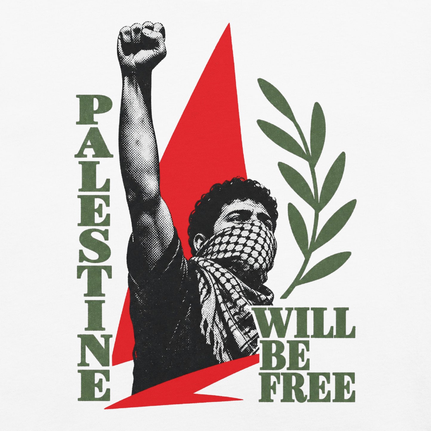 Palestine shirt featuring raised fist, keffiyeh figure, and olive branch
