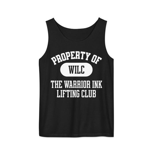 Black gym tank top with Warrior Ink lifting club graphic design
