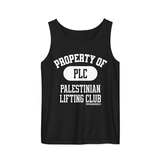 Black gym tank top with Palestinian lifting club graphic design