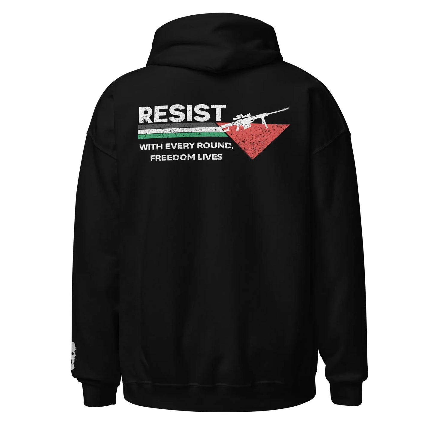 Back view of the Resist With Every Round – Palestine Hoodie, featuring bold white and red text with a Palestinian flag and rifle graphic.
Black Palestine hoodie with a resistance-inspired design, symbolizing strength and defiance.
Close-up of the "Resist" typography and Palestinian flag, adding a bold and unapologetic statement to the hoodie.
