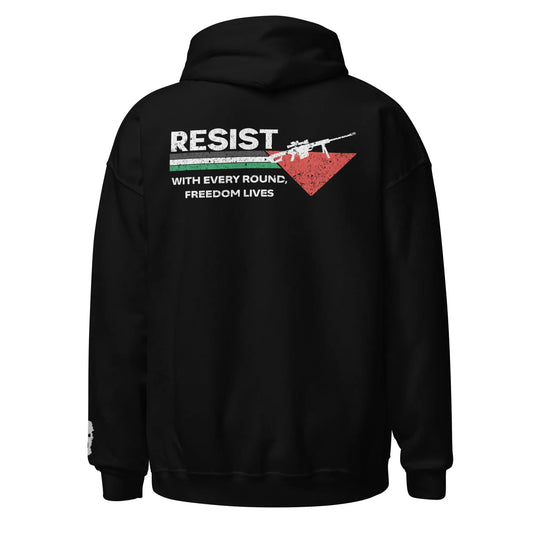 Back view of the Resist With Every Round – Palestine Hoodie, featuring bold white and red text with a Palestinian flag and rifle graphic.
Black Palestine hoodie with a resistance-inspired design, symbolizing strength and defiance.
Close-up of the "Resist" typography and Palestinian flag, adding a bold and unapologetic statement to the hoodie.