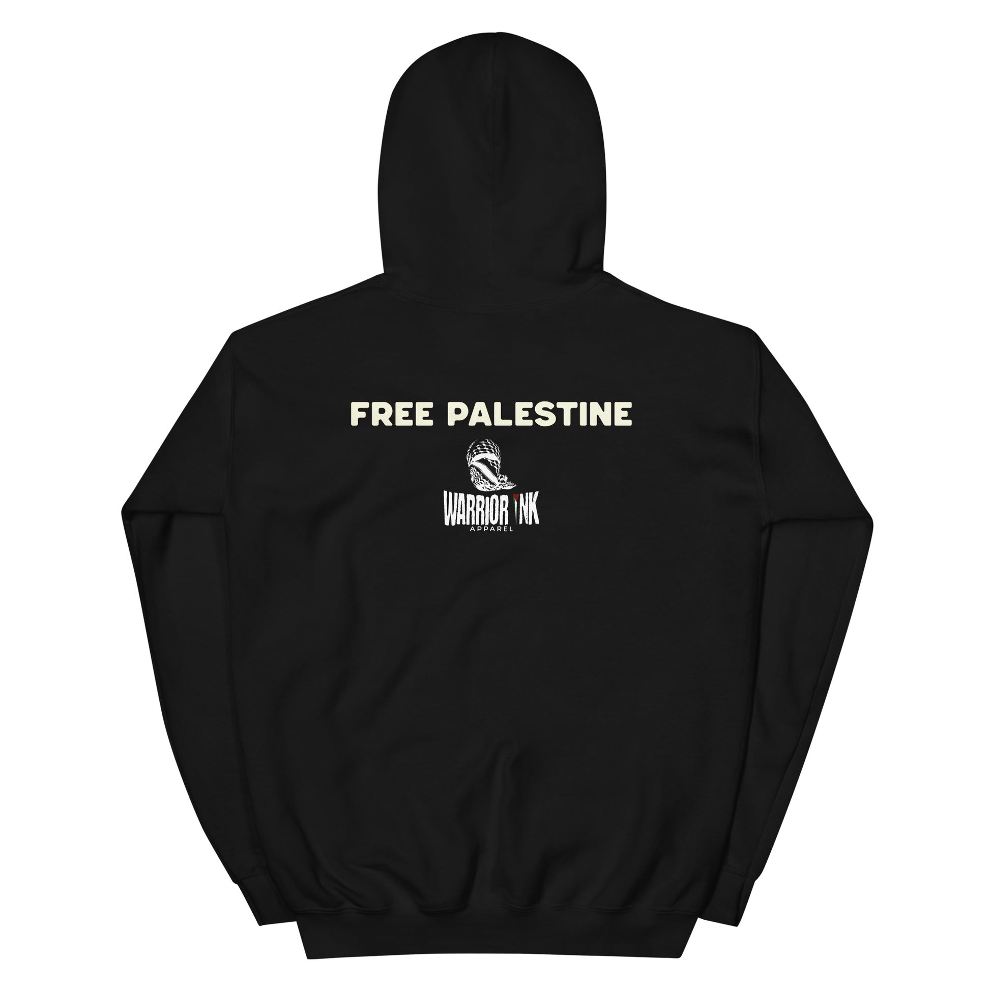 Free Palestine + Warrior Ink logo printed on the upper back.
