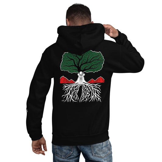 Model wearing EMBRACE YOUR ROOTS Palestine hoodie from the Mo Hamz Collection