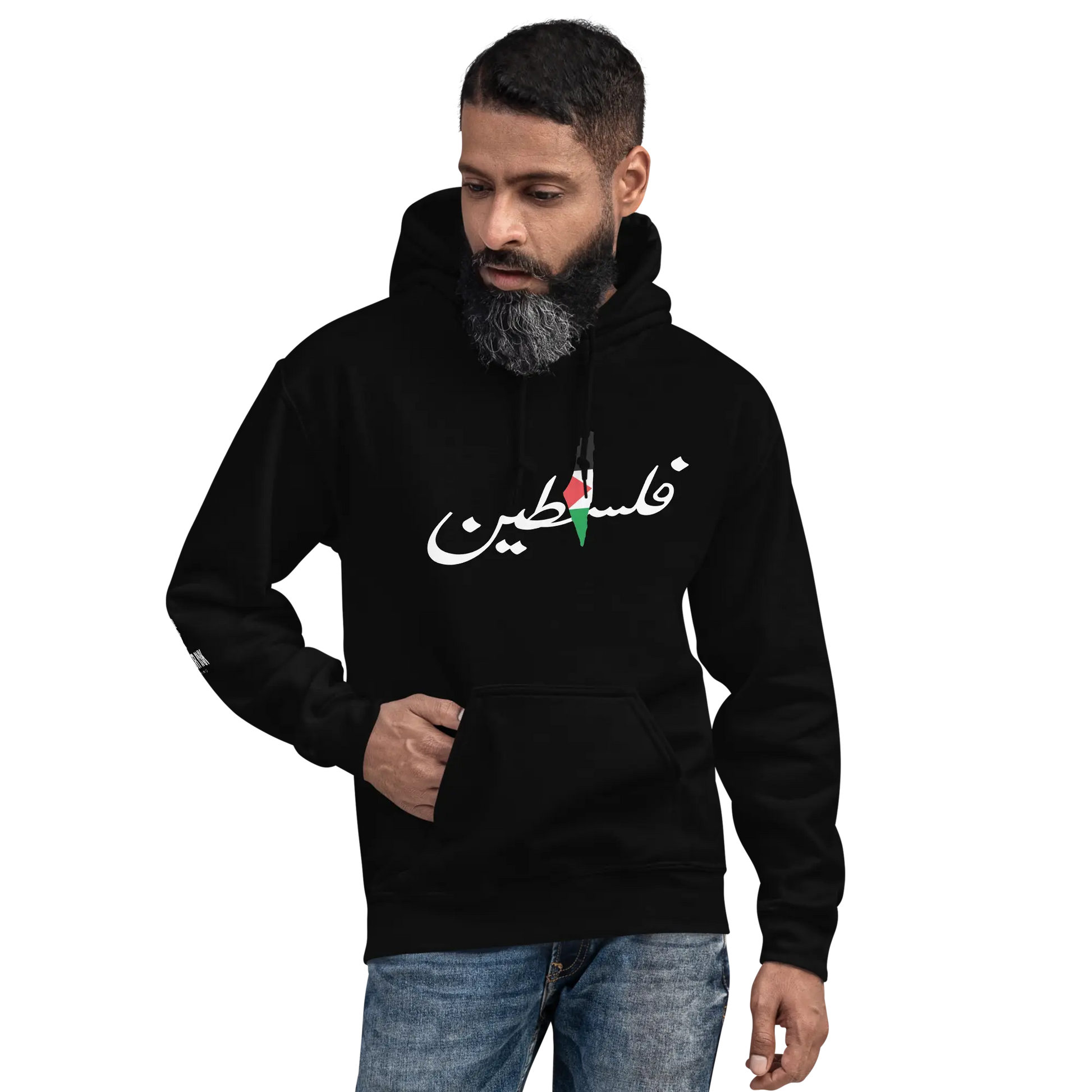 Black hoodie with 'Falastini' in Arabic on the chest and a Palestine map with calligraphy on the back, symbolizing Palestinian pride and heritage.