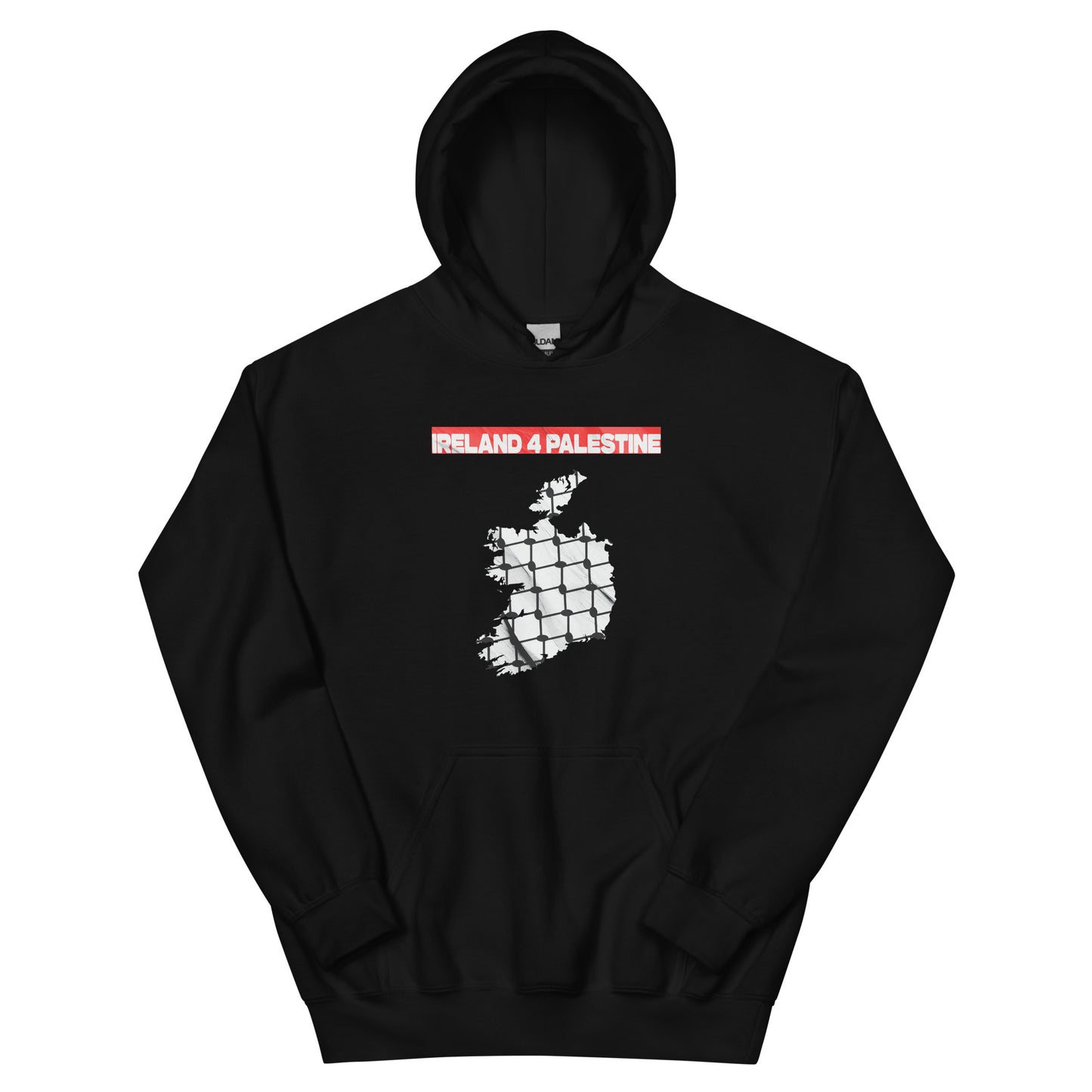 Black hoodie featuring a white map of Ireland behind resistance fence texture with bold red “IRELAND 4 PALESTINE” text above it.