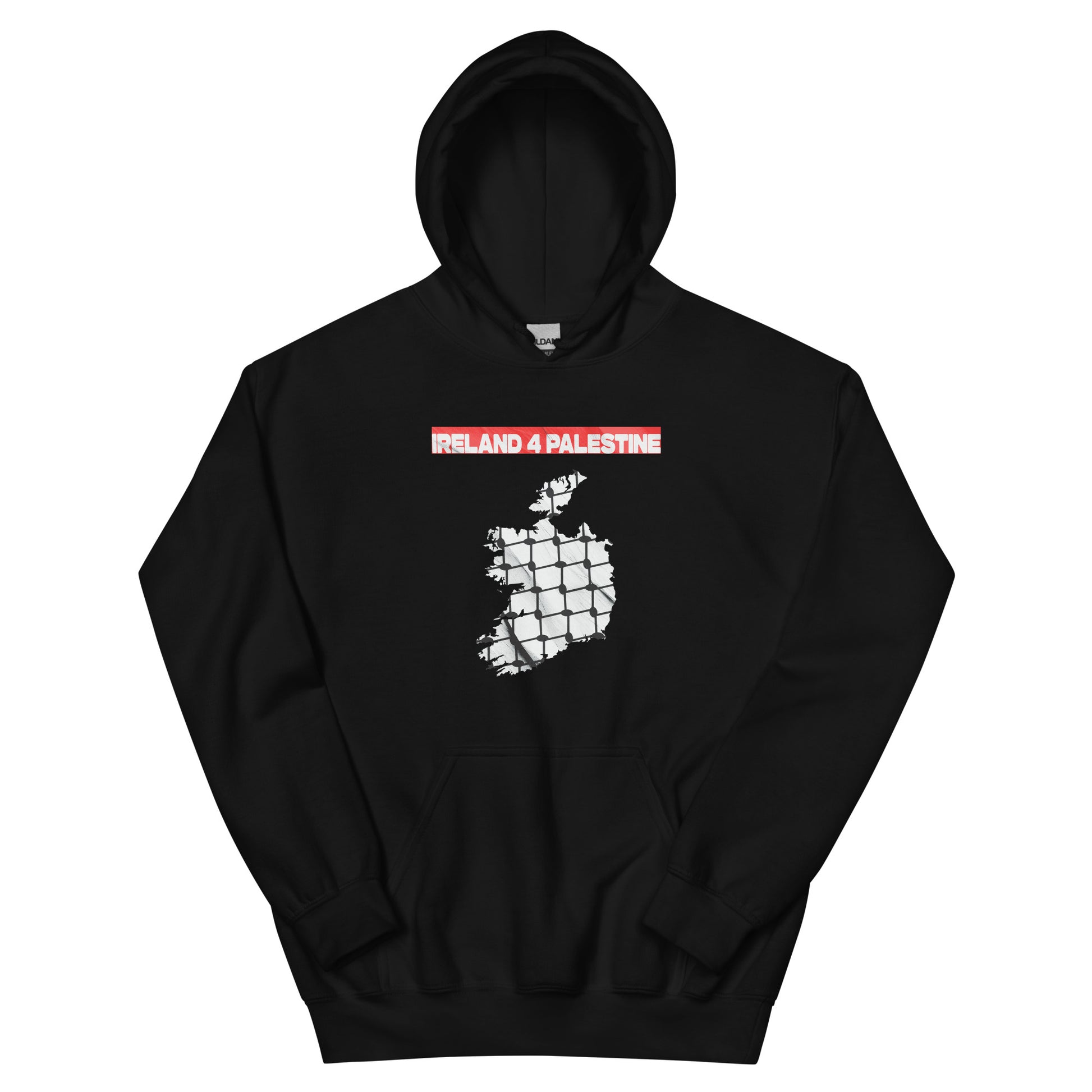 Black hoodie featuring a white map of Ireland behind resistance fence texture with bold red “IRELAND 4 PALESTINE” text above it.