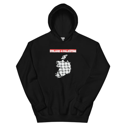 Black hoodie featuring a white map of Ireland behind resistance fence texture with bold red “IRELAND 4 PALESTINE” text above it.