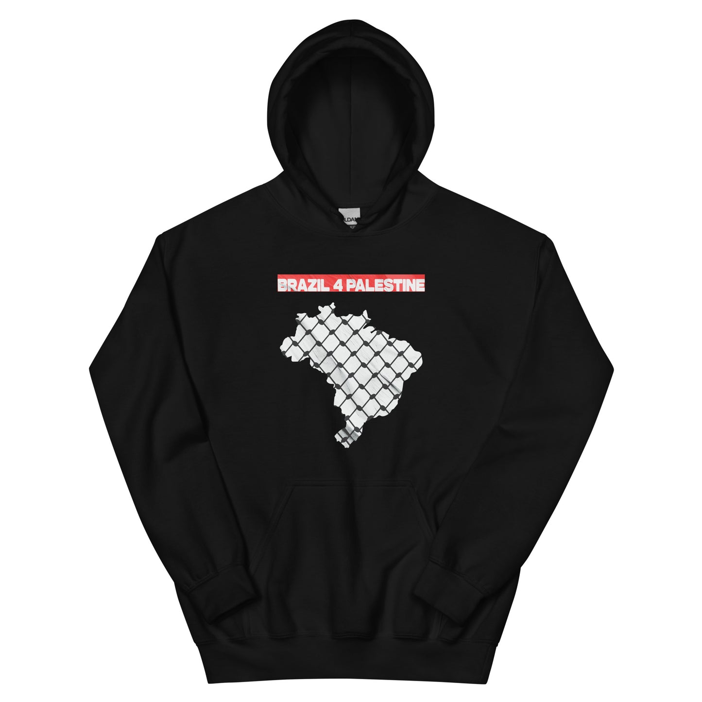 Black hoodie featuring a bold white outline of Brazil over resistance fence texture with red “BRAZIL 4 PALESTINE” text across the top.