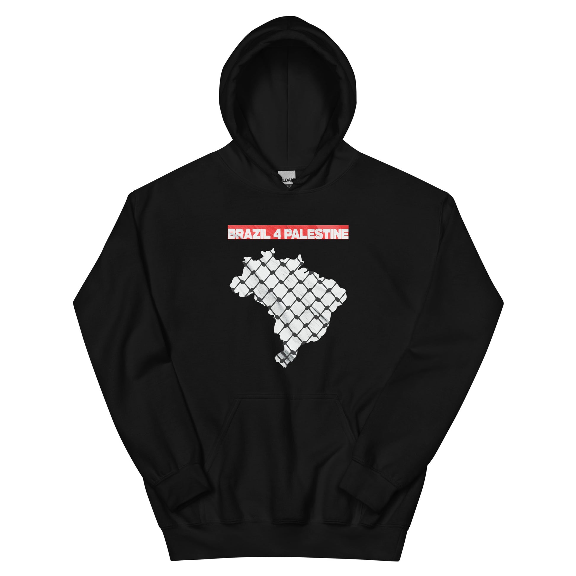 Black hoodie featuring a bold white outline of Brazil over resistance fence texture with red “BRAZIL 4 PALESTINE” text across the top.