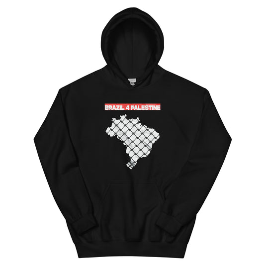 Black hoodie featuring a bold white outline of Brazil over resistance fence texture with red “BRAZIL 4 PALESTINE” text across the top.