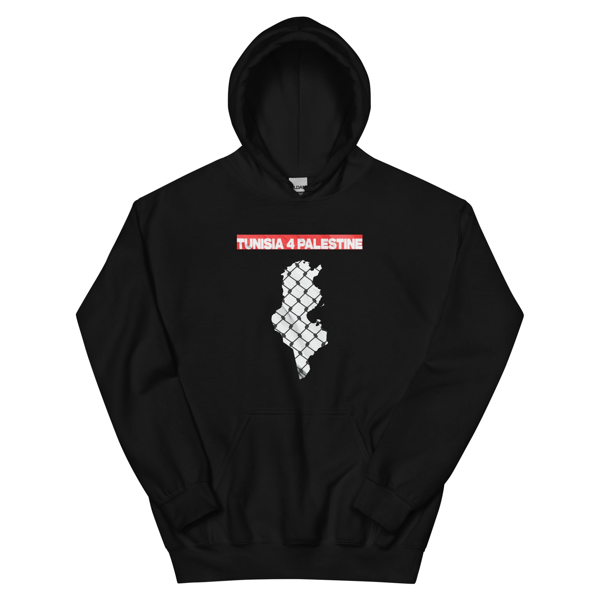 Black hoodie with white silhouette of Tunisia over chain-link resistance fence pattern and bold red “TUNISIA 4 PALESTINE” across the top.