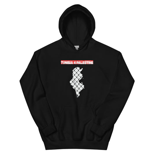 Black hoodie with white silhouette of Tunisia over chain-link resistance fence pattern and bold red “TUNISIA 4 PALESTINE” across the top.